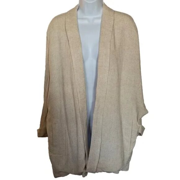 FRANK and OAK LINEN blend CARDIGAN Sz L OPEN or BELT beige 3 INNER POCKETS *NWT* - Picture 2 of 14